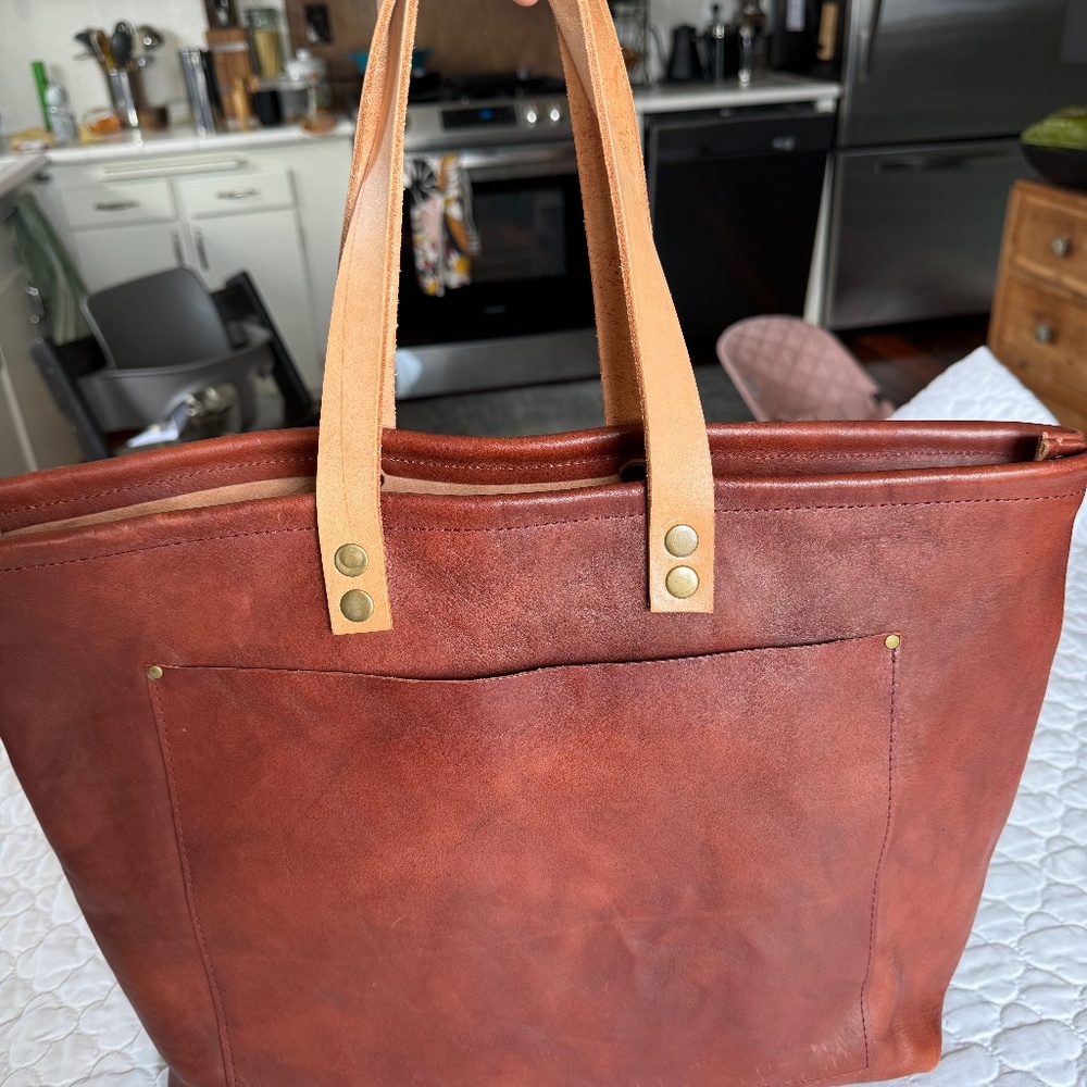 Handmade Thick Leather Tote 18" x 13" x 4" - Picture 5 of 7